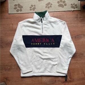 Perry Ellis White Fleece Pullover with Navy Chest Panel and Red Script